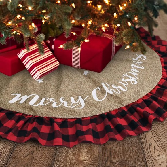 Meriwoods Burlap Tree Skirt w/Ruffled Plaid Trim Rustic "Merry Christmas" - Picture 1 of 6